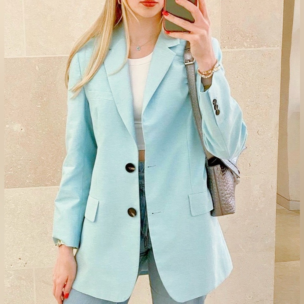 Zara Turquoise Blue Long Oversized Boyfriend Blazer bloggers favorite - Picture 10 of 15